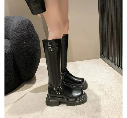 Bottes Hiver Talons Plats en Cuir avec Boucles