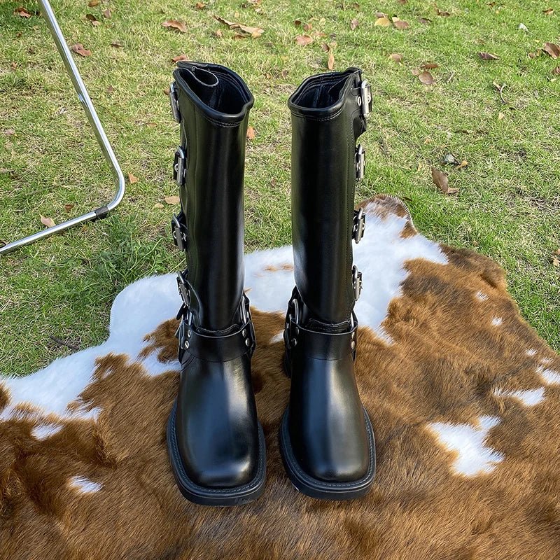 Bottes Hiver Talons Plats en Cuir avec Boucles
