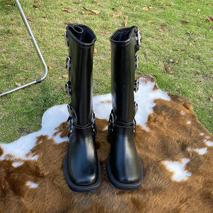 Bottes Hiver Talons Plats en Cuir avec Boucles