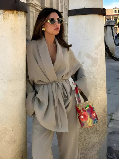 Pantalon Large et Tunique Femme avec Ceinture pour Un Style Décontracté