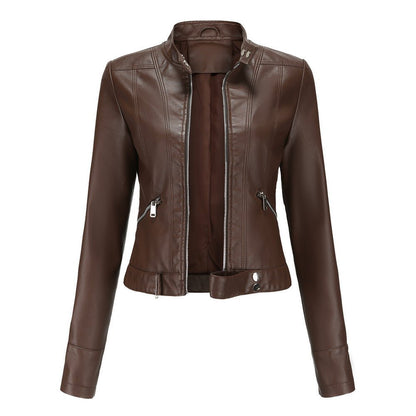 Blouson Cuir Biker Court avec Fermeture Éclair et Col Montant
