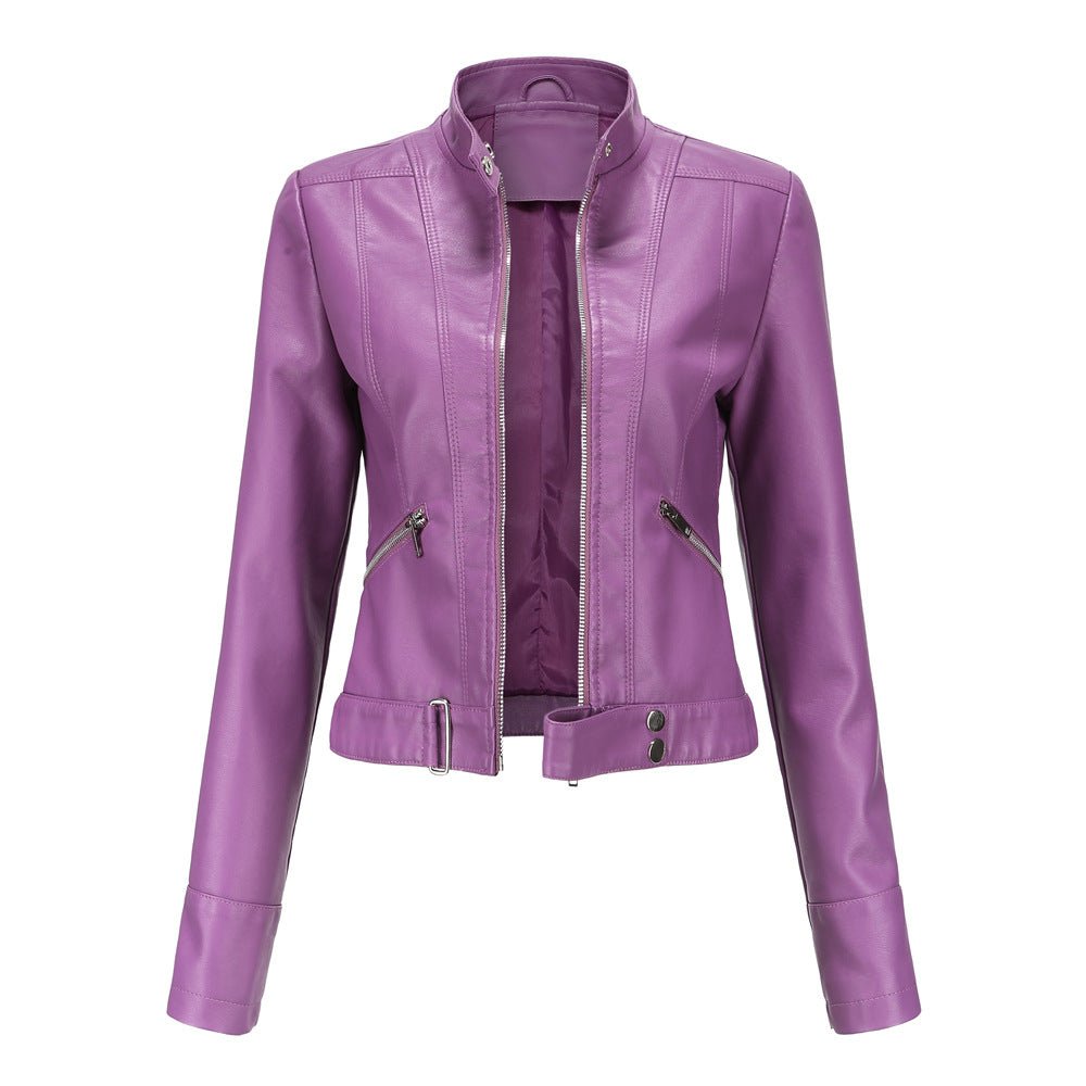 Blouson Cuir Biker Court avec Fermeture Éclair et Col Montant