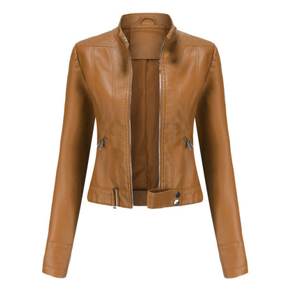 Blouson Cuir Biker Court avec Fermeture Éclair et Col Montant