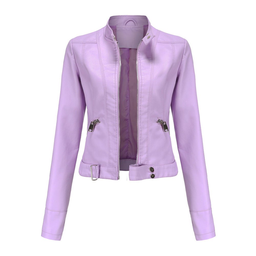 Blouson Cuir Biker Court avec Fermeture Éclair et Col Montant