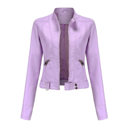 Blouson Cuir Biker Court avec Fermeture Éclair et Col Montant