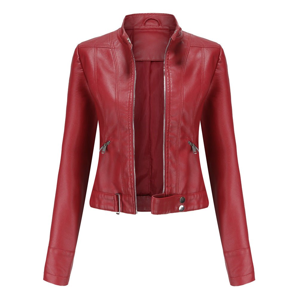 Blouson Cuir Biker Court avec Fermeture Éclair et Col Montant