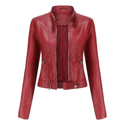 Blouson Cuir Biker Court avec Fermeture Éclair et Col Montant
