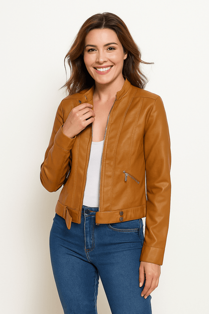 Blouson Cuir Biker Court avec Fermeture Éclair et Col Montant