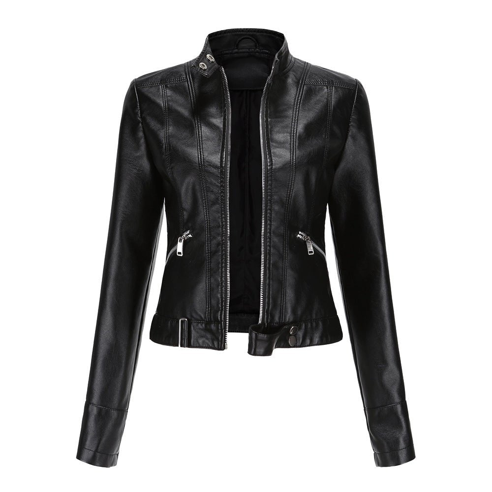 Blouson Cuir Biker Court avec Fermeture Éclair et Col Montant