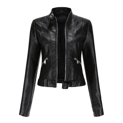 Blouson Cuir Biker Court avec Fermeture Éclair et Col Montant