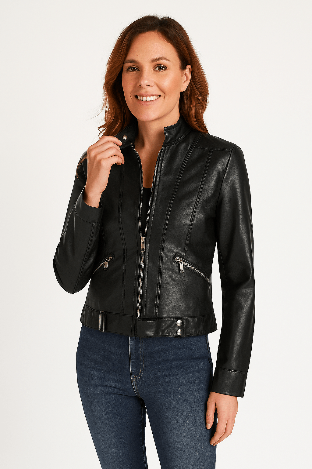 Blouson Cuir Biker Court avec Fermeture Éclair et Col Montant - BerlinGlamour