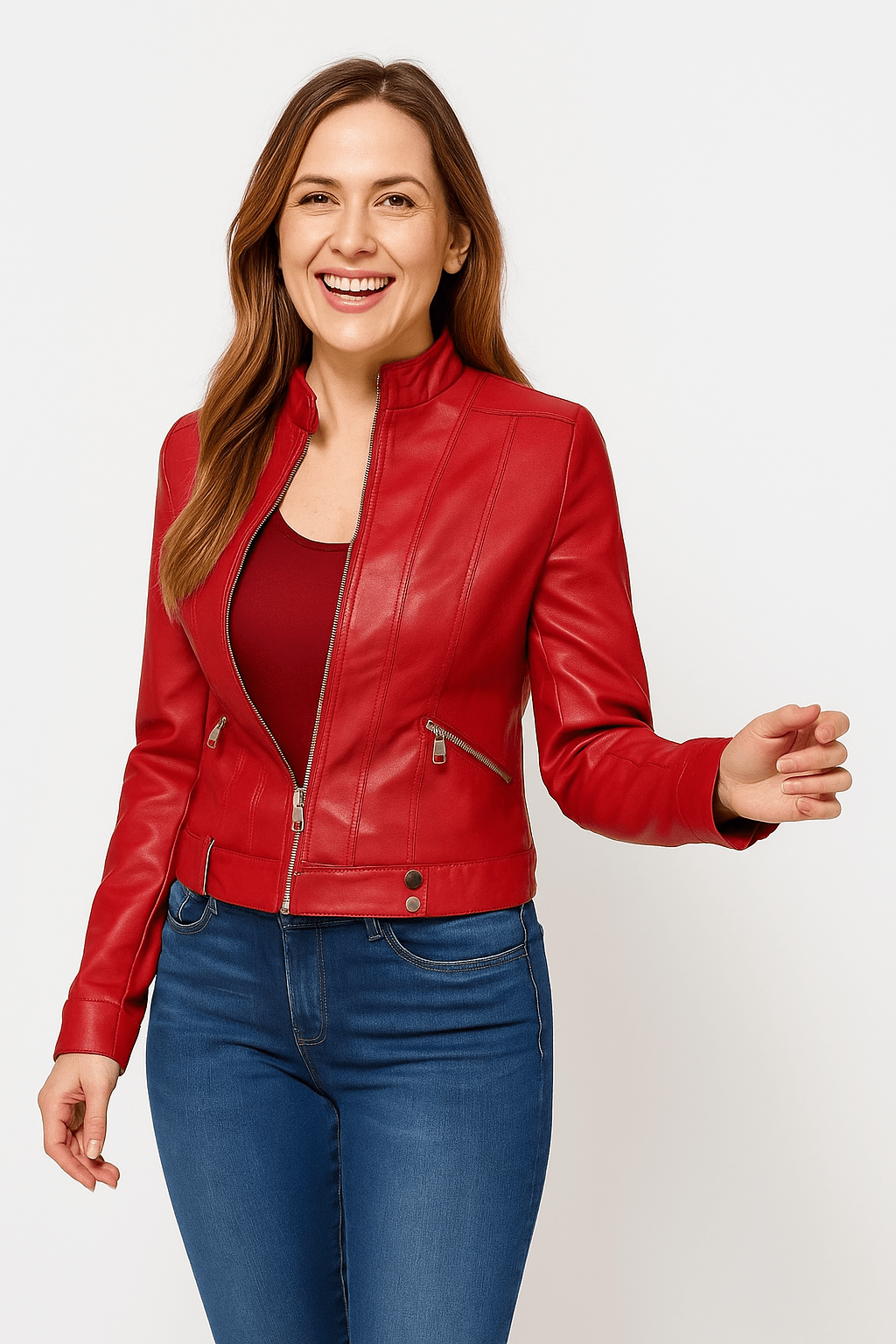 Blouson Cuir Biker Court avec Fermeture Éclair et Col Montant