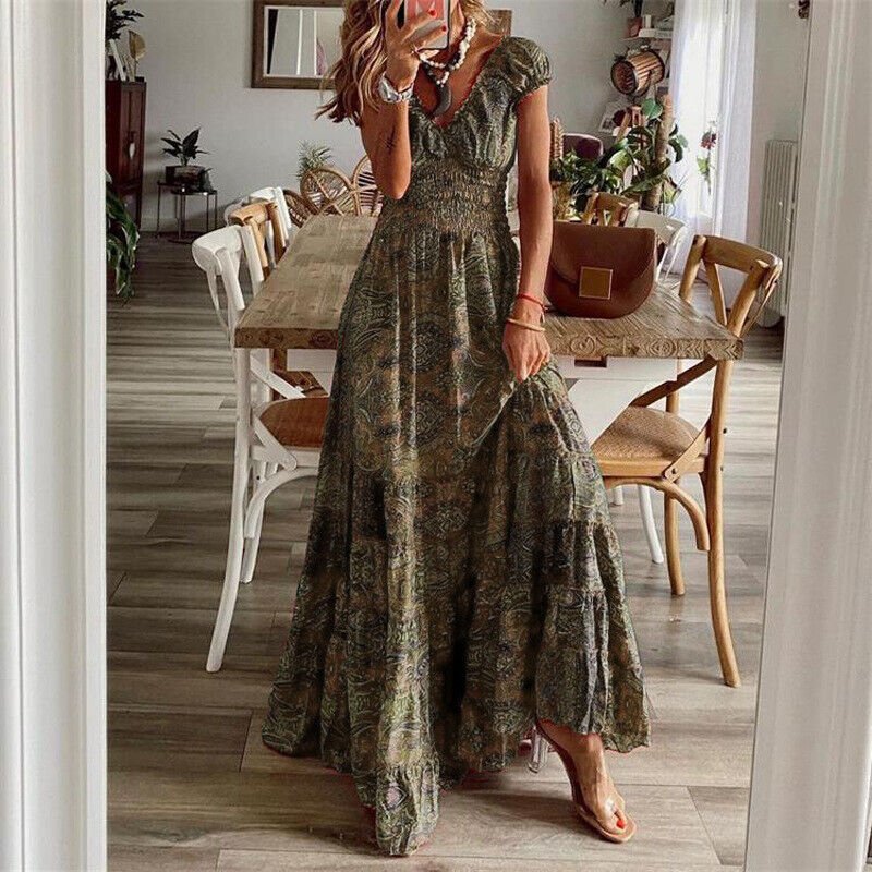 Robe Boho Chic Longue à Fleur avec Jupe Volante Féminine