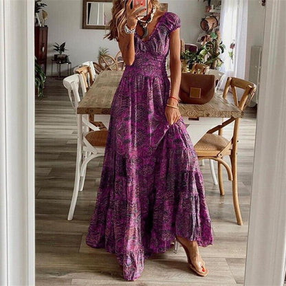 Robe Boho Chic Longue à Fleur avec Jupe Volante Féminine