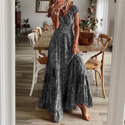 Robe Boho Chic Longue à Fleur avec Jupe Volante Féminine