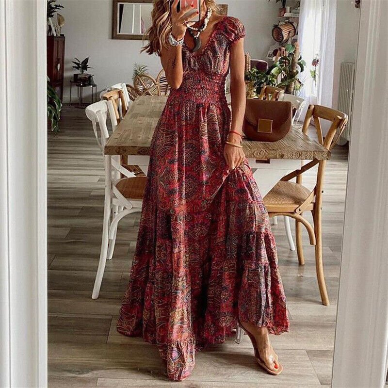 Robe Boho Chic Longue à Fleur avec Jupe Volante Féminine