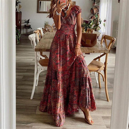 Robe Boho Chic Longue à Fleur avec Jupe Volante Féminine