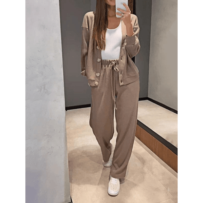 Ensemble d’hiver pour femme cardigan en tricot et pantalon | Col en V