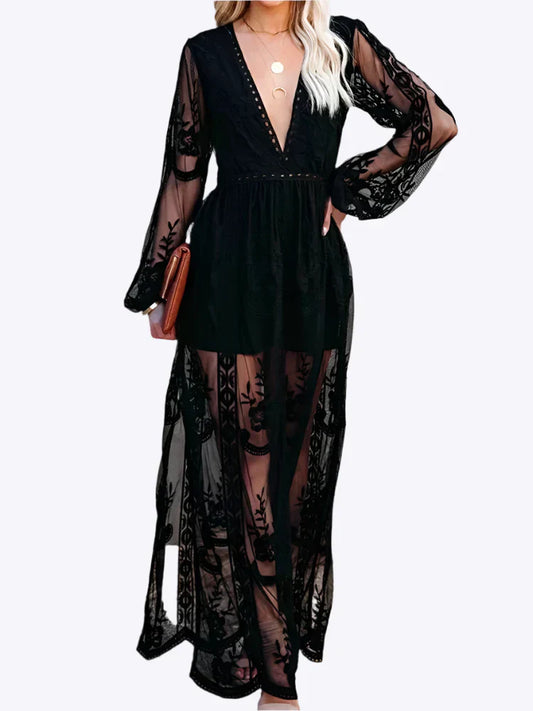 Robe Soirée Noire en Dentelle avec Manches Longues Élégante - PanierRoyale