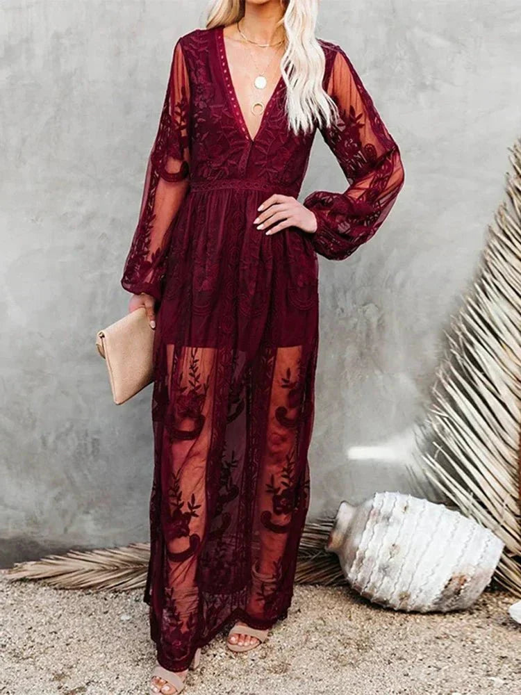 Robe Soirée Noire en Dentelle avec Manches Longues Élégante