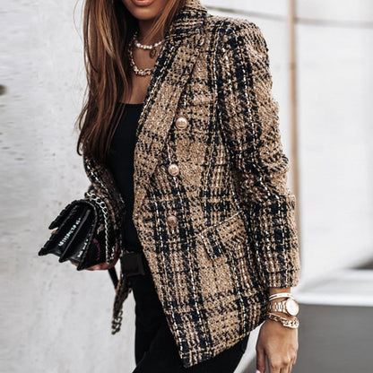 Blazer Femme Tweed Carreau Élégant avec Poches Cachées
