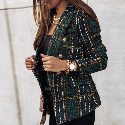 Blazer Femme Tweed Carreau Élégant avec Poches Cachées - PanierRoyale