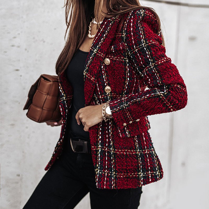 Blazer Femme Tweed Carreau Élégant avec Poches Cachées