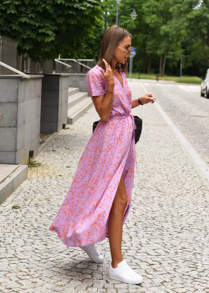 Robe Femme Fluide Coupe Portefeuille Motif Floral Manches Courtes