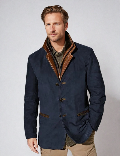 Veste Cuir Homme Brun avec Col Revers Contraste
