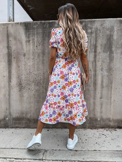 Robe Été Fleuri Boutons et Fente - Féminine et Confortable