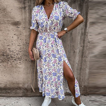 Robe Été Fleuri Boutons et Fente - Féminine et Confortable