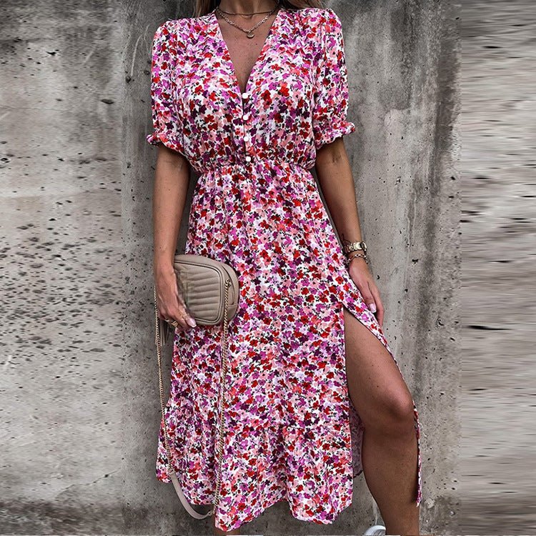 Robe Été Fleuri Boutons et Fente - Féminine et Confortable