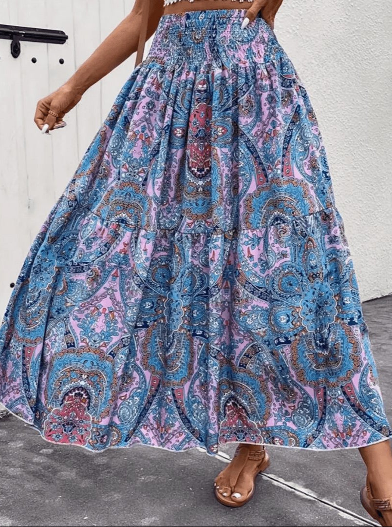 Jupe Maxi Bohème Évasée Imprimé Floral