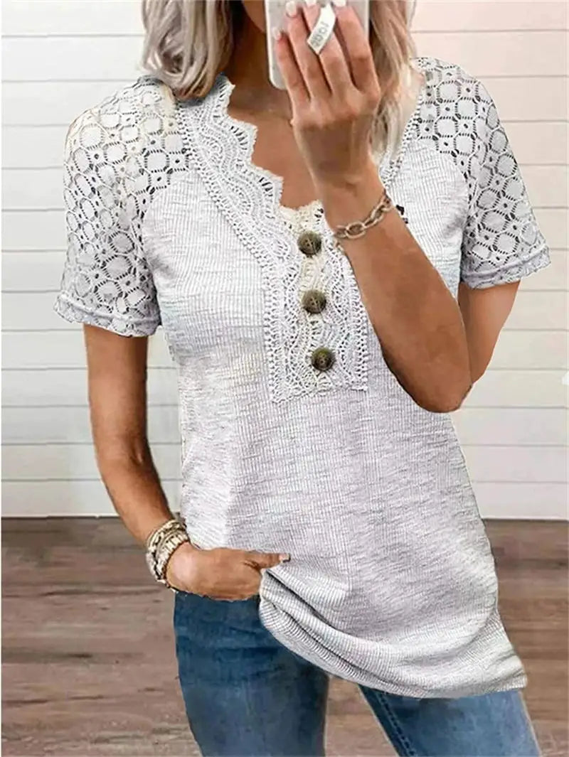 T-shirt Femme Coton Été Manches Courtes Décor Dentelle