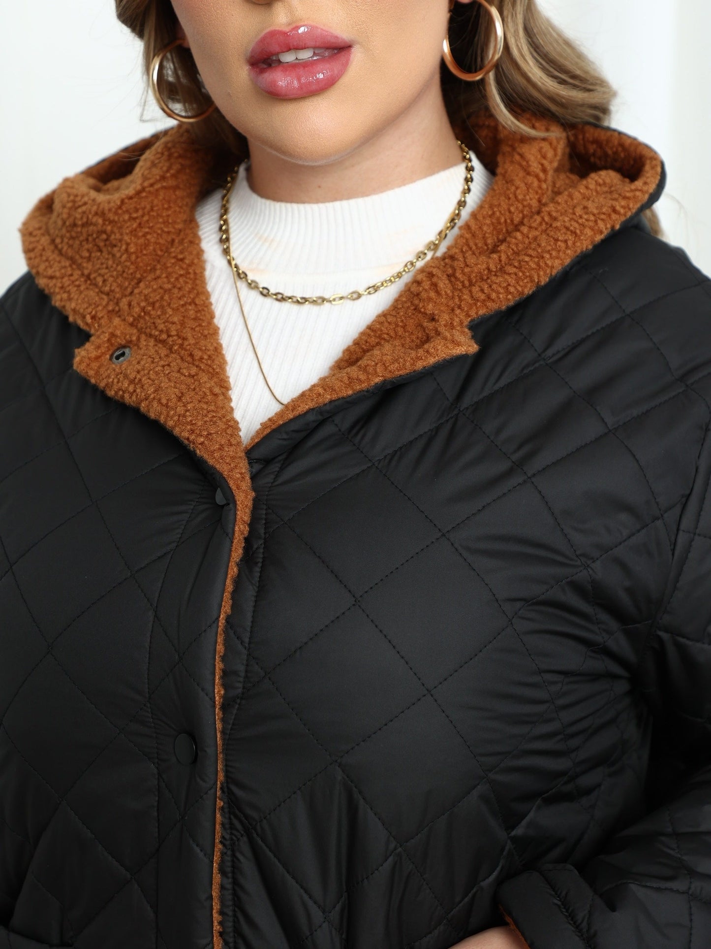 Veste Matelassée À Capuche Doublée En Peluche Pour Femme | Grande Taille