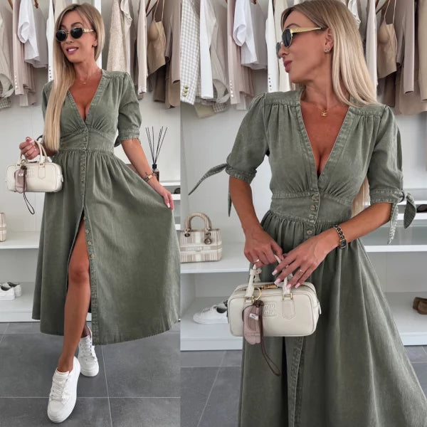 Robe Midi Femme en Jean Boutonnée Col V Manches Longues