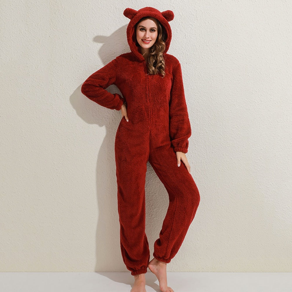 Combinaison Fleece Femme Confortable avec Capuche et Fermeture Éclair