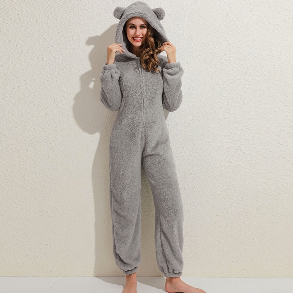 Combinaison Fleece Femme Confortable avec Capuche et Fermeture Éclair