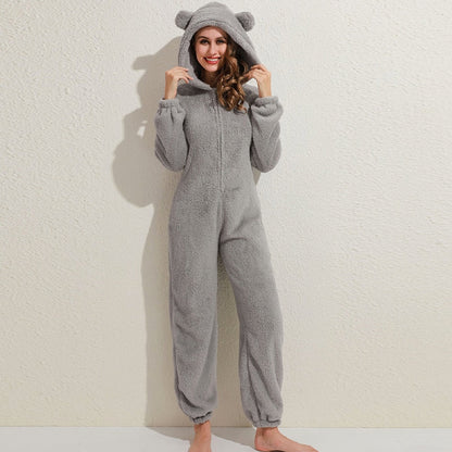 Combinaison Fleece Femme Confortable avec Capuche et Fermeture Éclair
