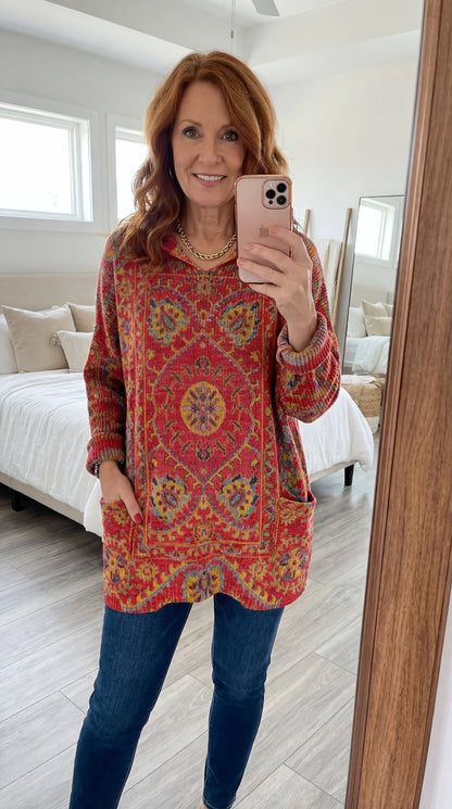 Tunique Femme Tricot Capuche Style Rétro Coupe Ample Poches