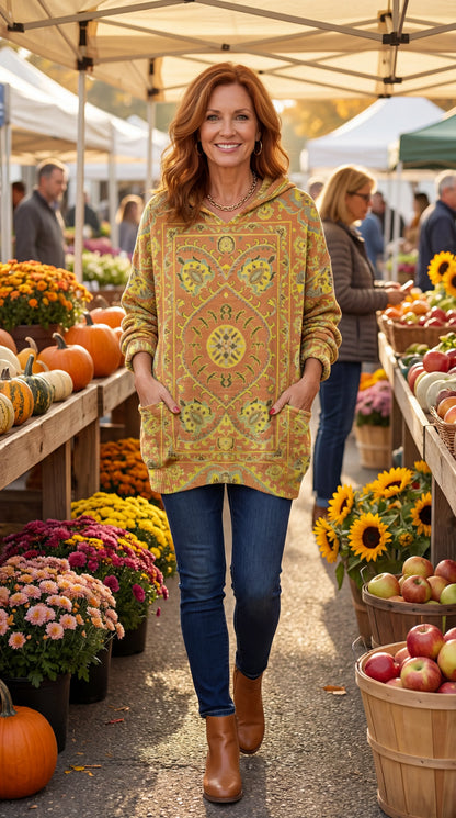 Tunique Femme Tricot Capuche Style Rétro Coupe Ample Poches
