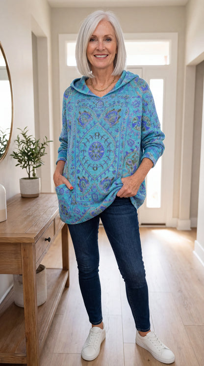 Tunique Femme Tricot Capuche Style Rétro Coupe Ample Poches