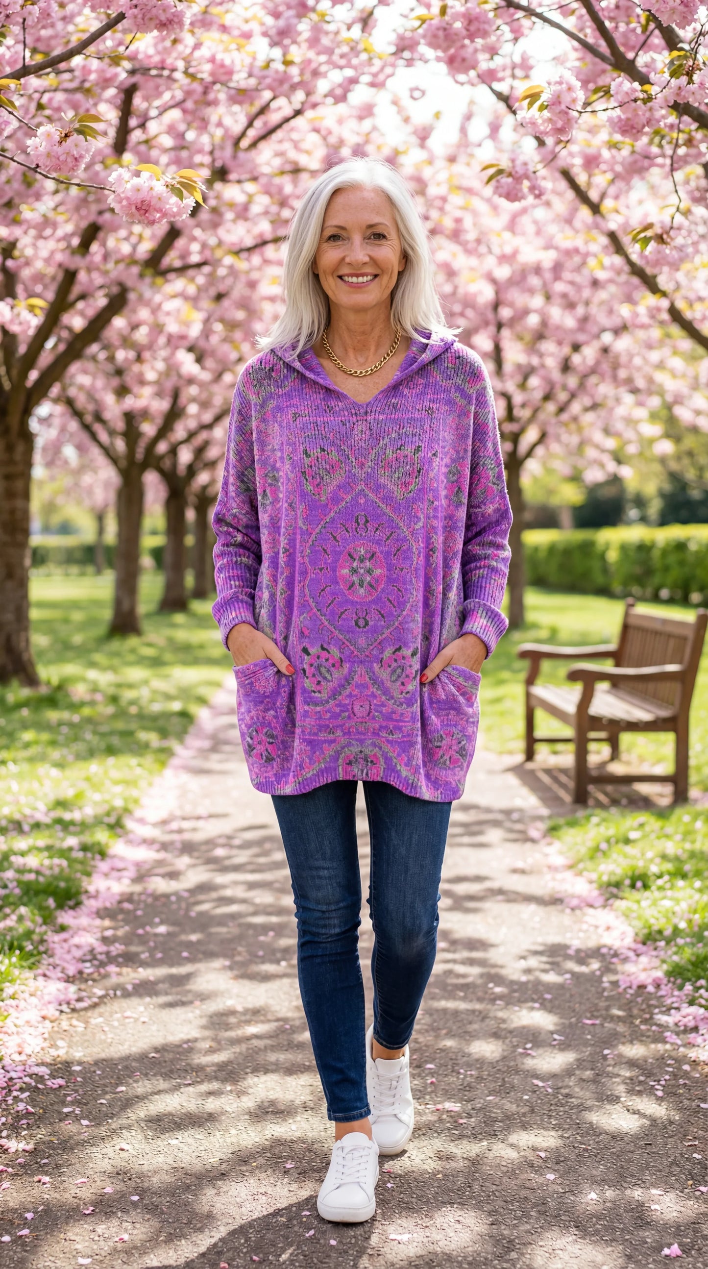 Tunique Femme Tricot Capuche Style Rétro Coupe Ample Poches