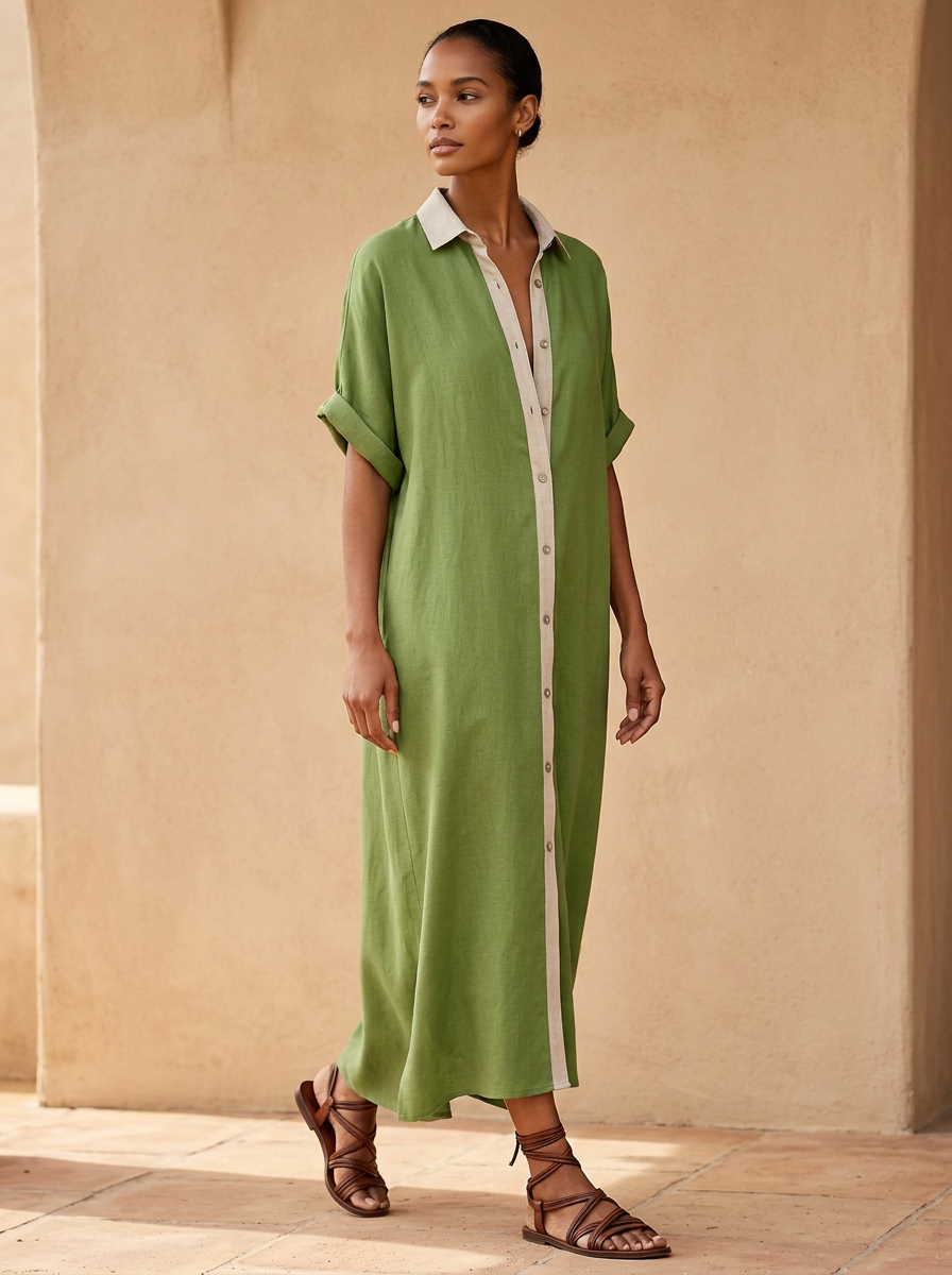 Robe chemise Femme Boutons Contraste Coupe Midi - PanierRoyale