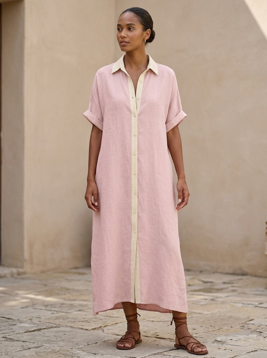 Robe chemise Femme Boutons Contraste Coupe Midi