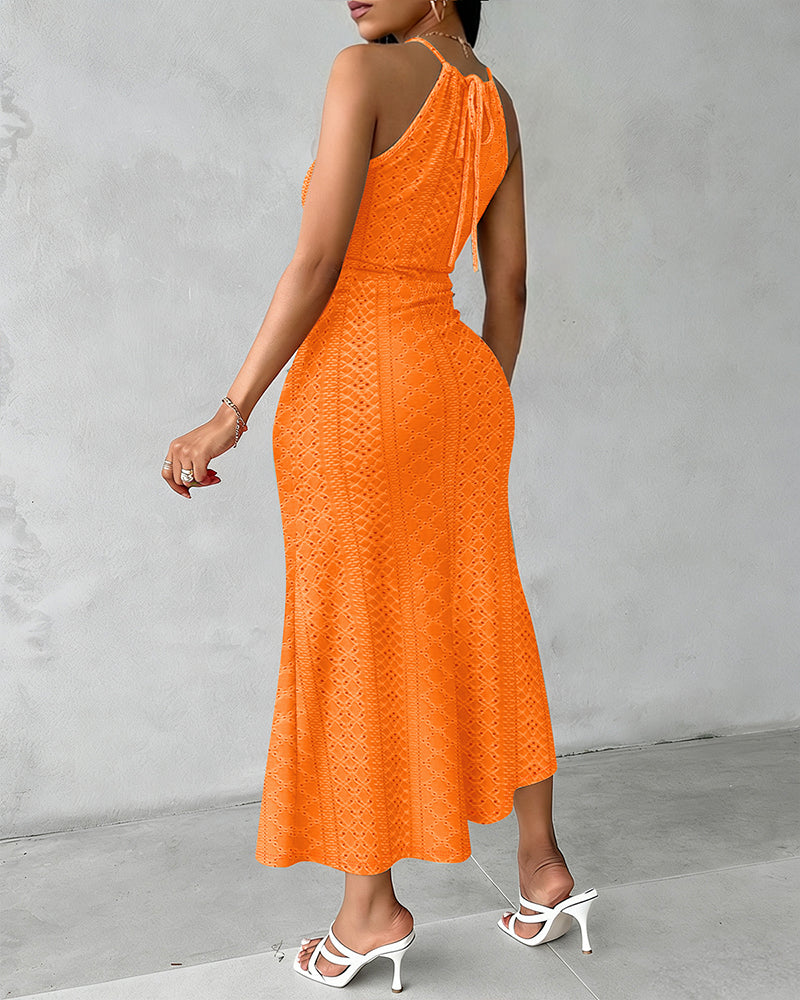 Robe Midi Femme Jacquard Ajouré Col Halter Fente
