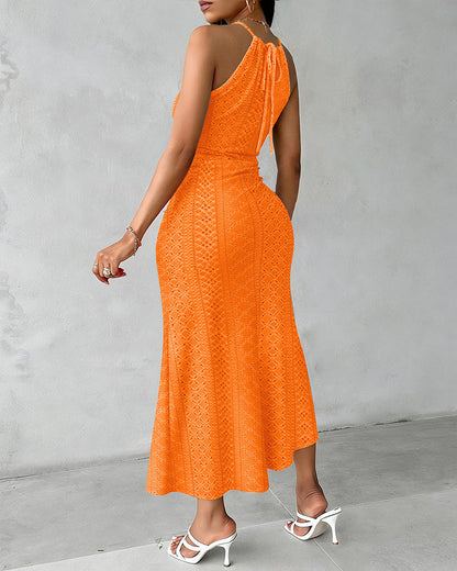 Robe Midi Femme Jacquard Ajouré Col Halter Fente