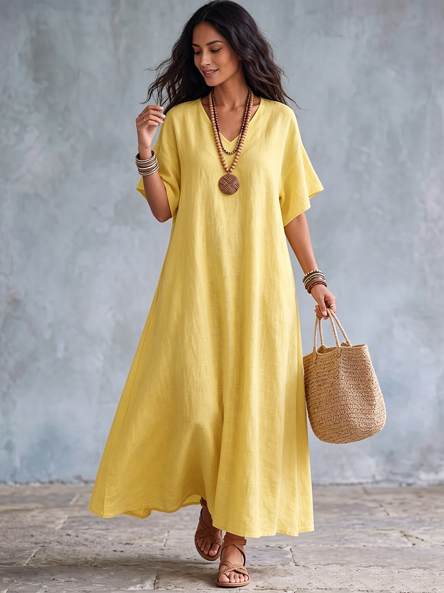 Robe longue Femme Coton Lin Col en V Coupe Ample - PanierRoyale