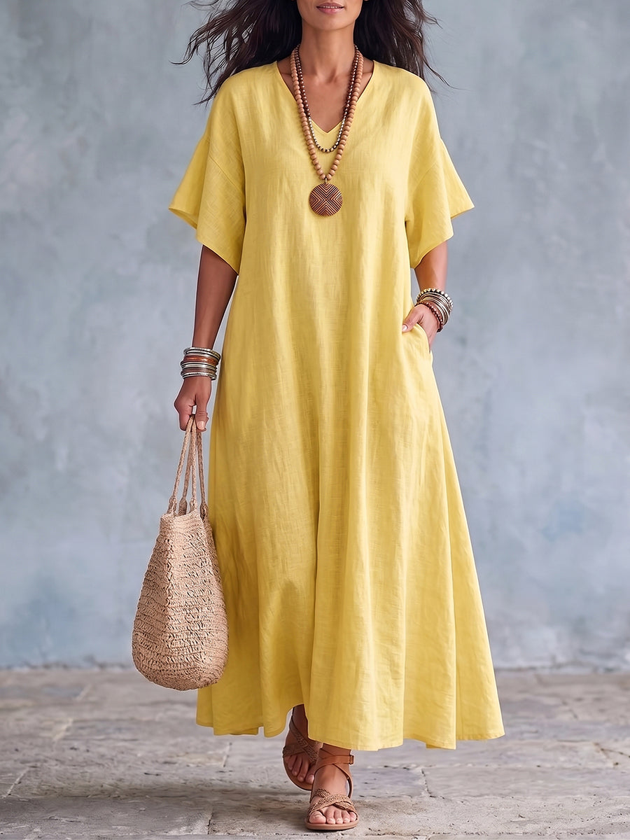 Robe longue Femme Coton Lin Col en V Coupe Ample