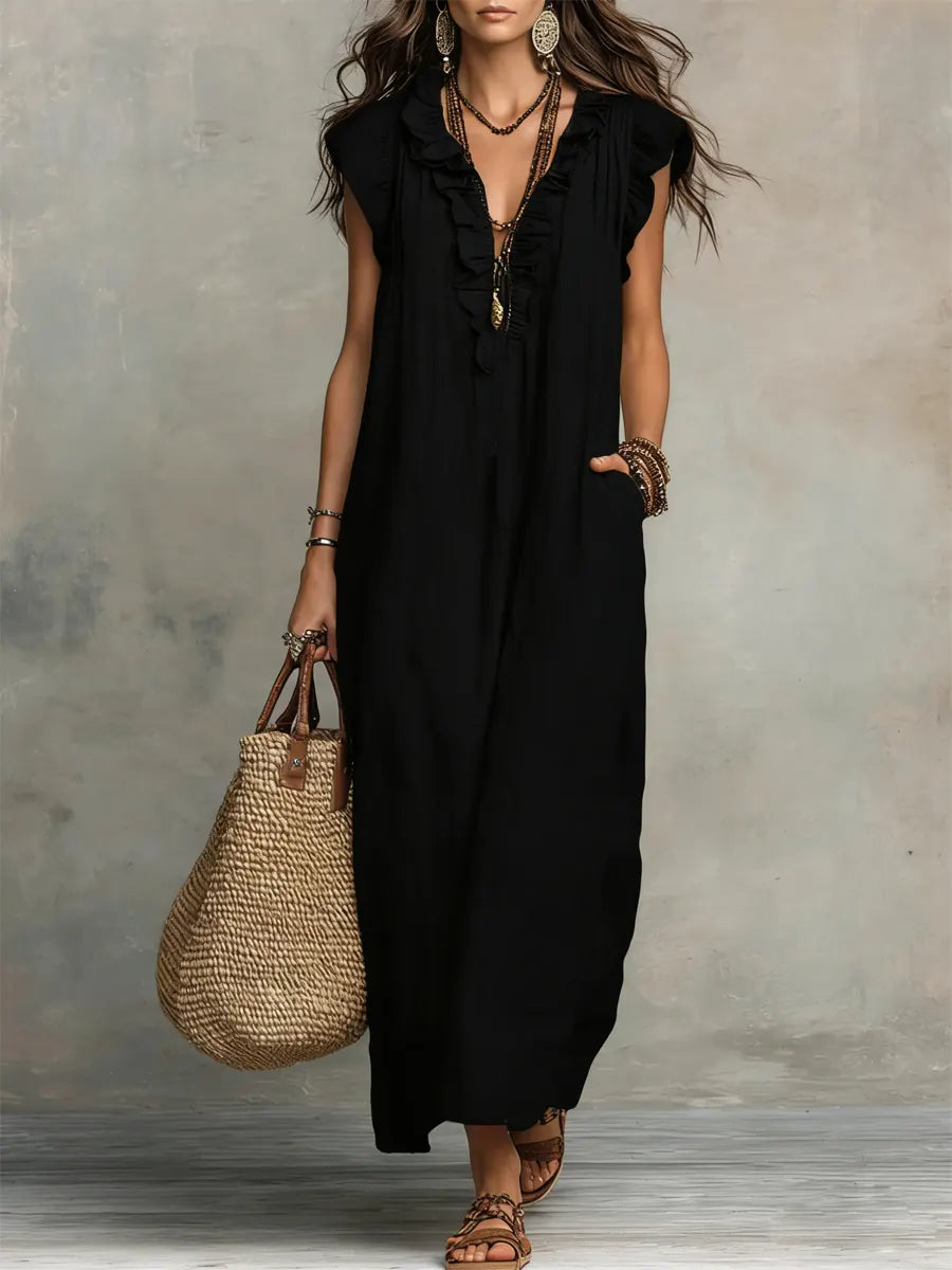 Robe Longue Femme Lin Coton Coupe Fluide Bohème